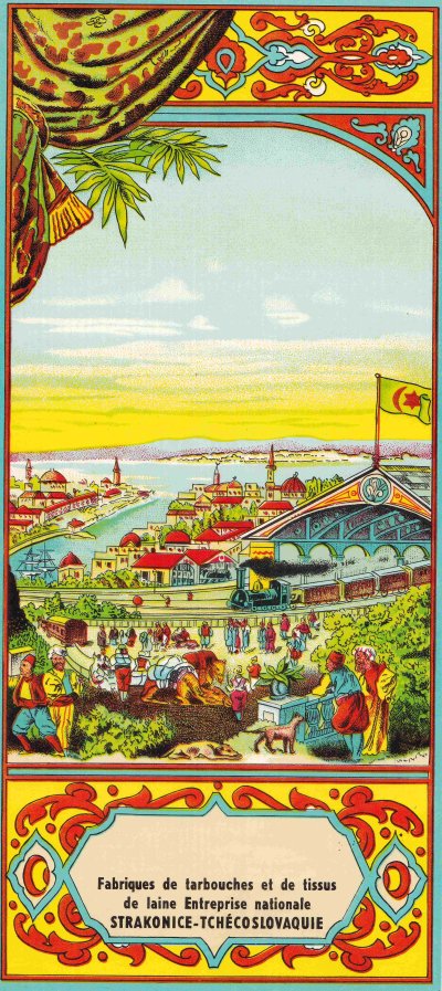 Hayali İstanbul görüntüsü içerisinde Tren ve Deve görselli renkli taş baskı fes etiketi Çekoslavakya Stranikovice üretimi (23,5x11cm)