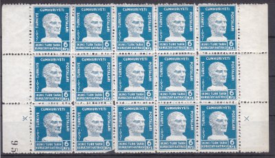 xx- 1937 History Convention 6 kuruş block of 15, no postmarks (Catalog: 825-)